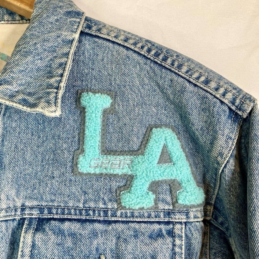Vintage L.A. Gear Denim Jacket Cropped 80s 90s Logo Patch Teal Pink Y2K Style M - Picture 8 of 16